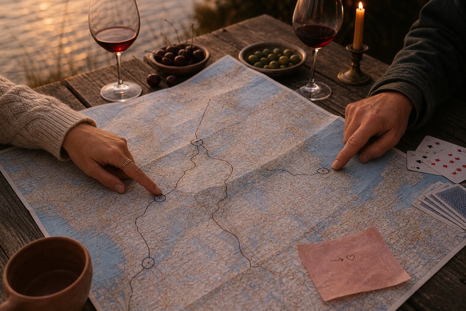 Two people tracing a shared route across a paper map beside cards and candlelight